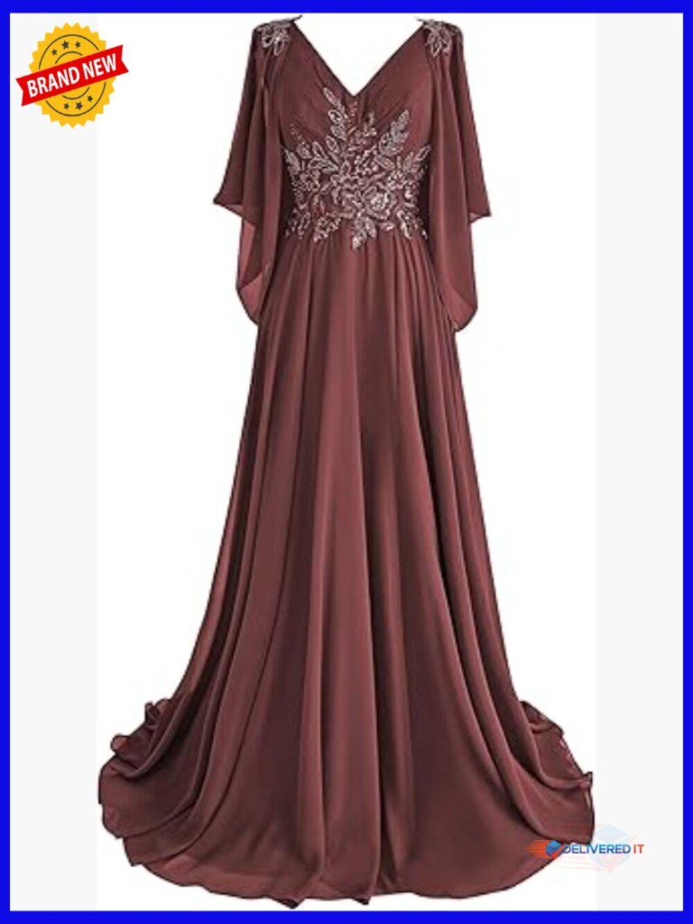 Lace Chiffon Formal Dress with Sequin Beading Cape Sleeve V-Neck Evening Gown